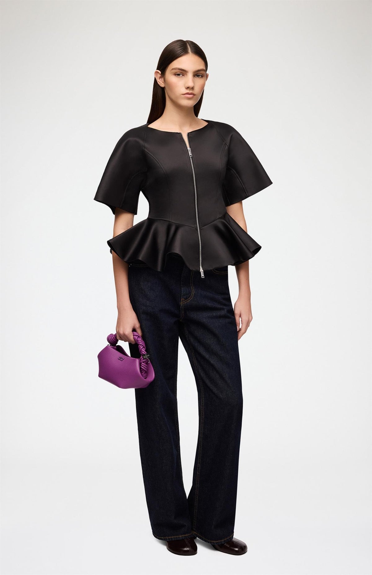 Duchesse Satin Peplum Zip Blouse