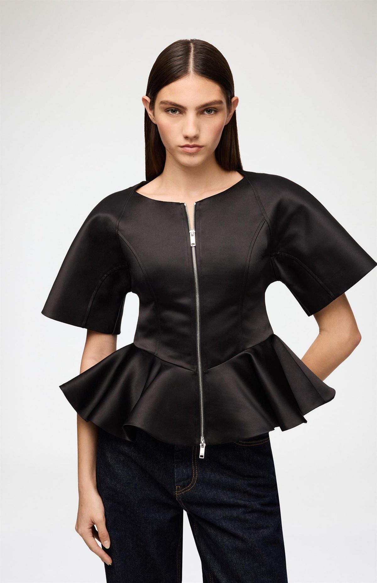 Duchesse Satin Peplum Zip Blouse