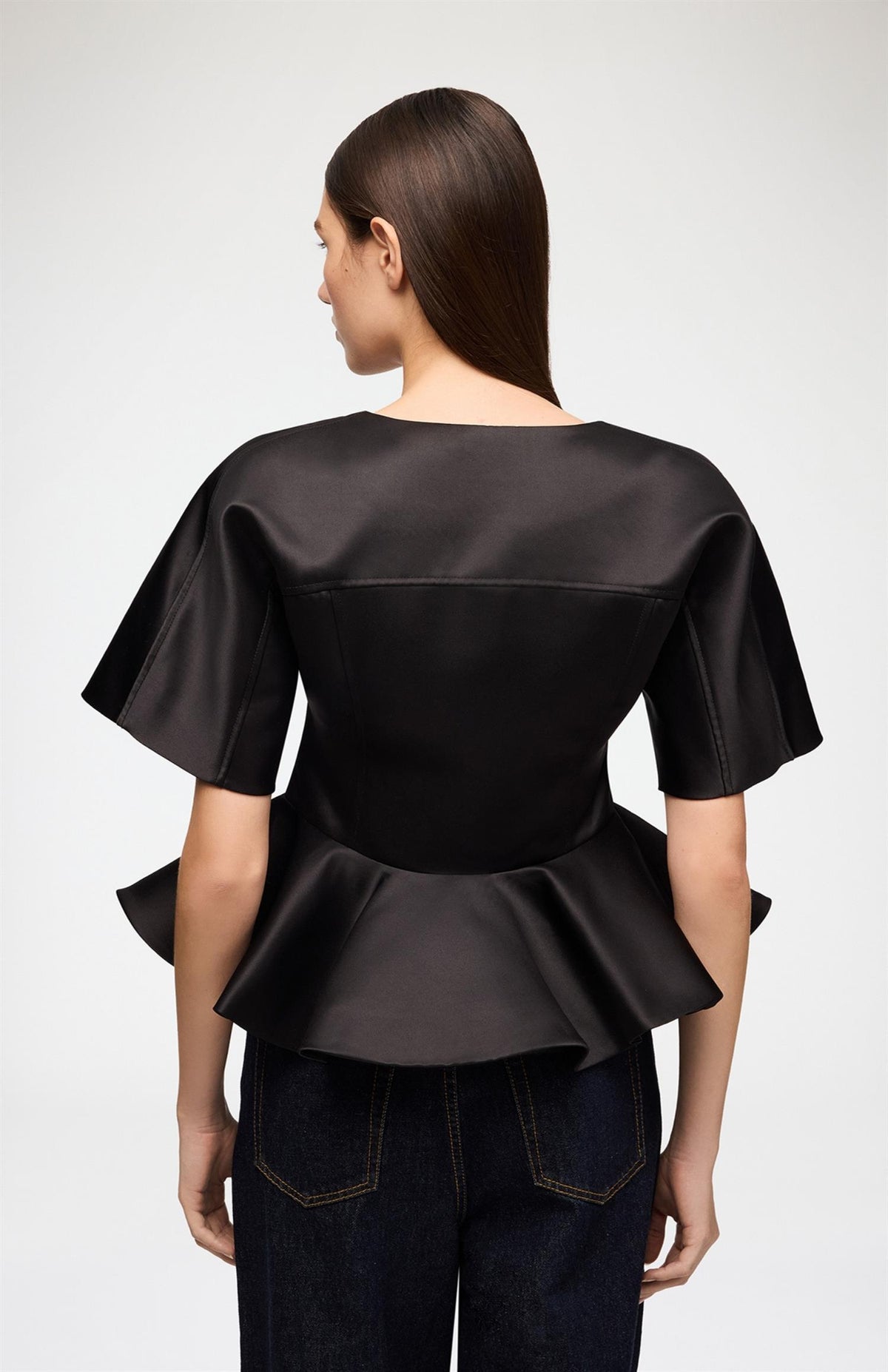 Duchesse Satin Peplum Zip Blouse